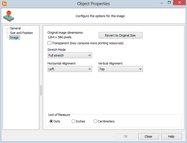 Object properties dialog. Image is selected from the tree on the left. On the right, select image dimensions, stretch mode, and vertical and horizontal alignment.